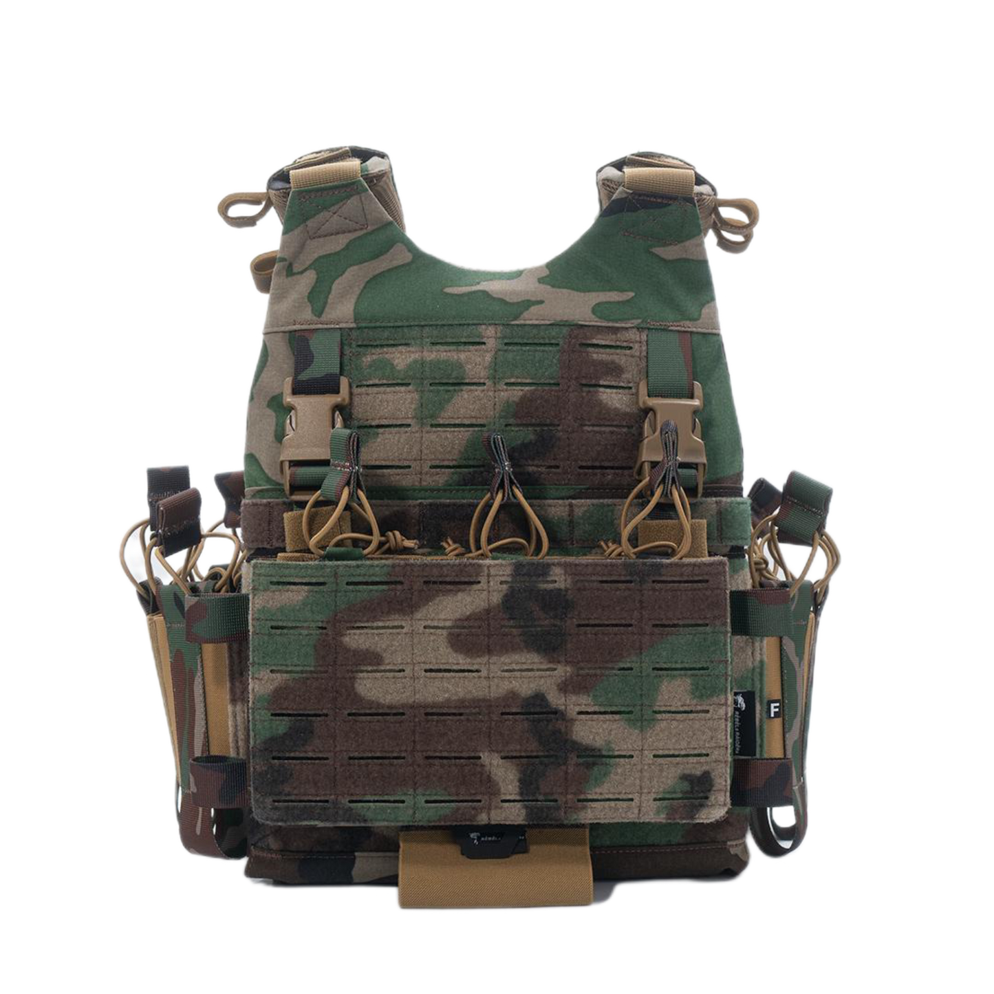 Camouflage tactical vest with multiple pockets on a white background