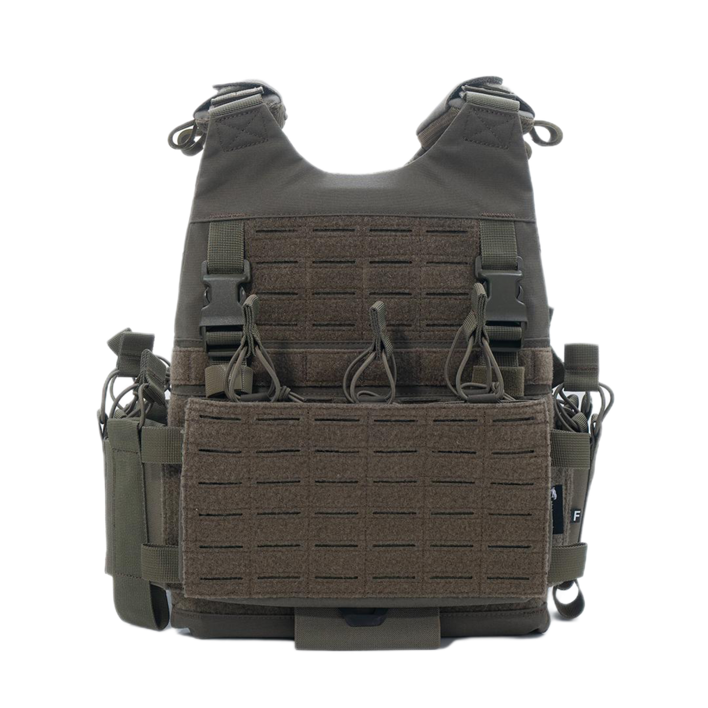 Tactical vest with multiple pouches and straps on a white background