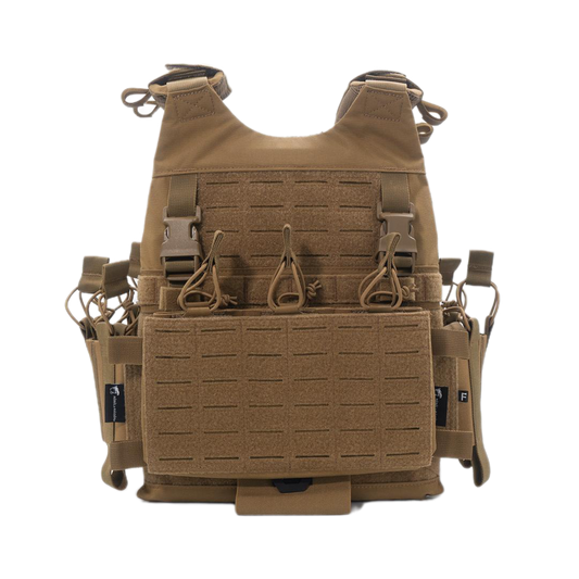 Tan tactical vest with multiple pouches and straps on a white background