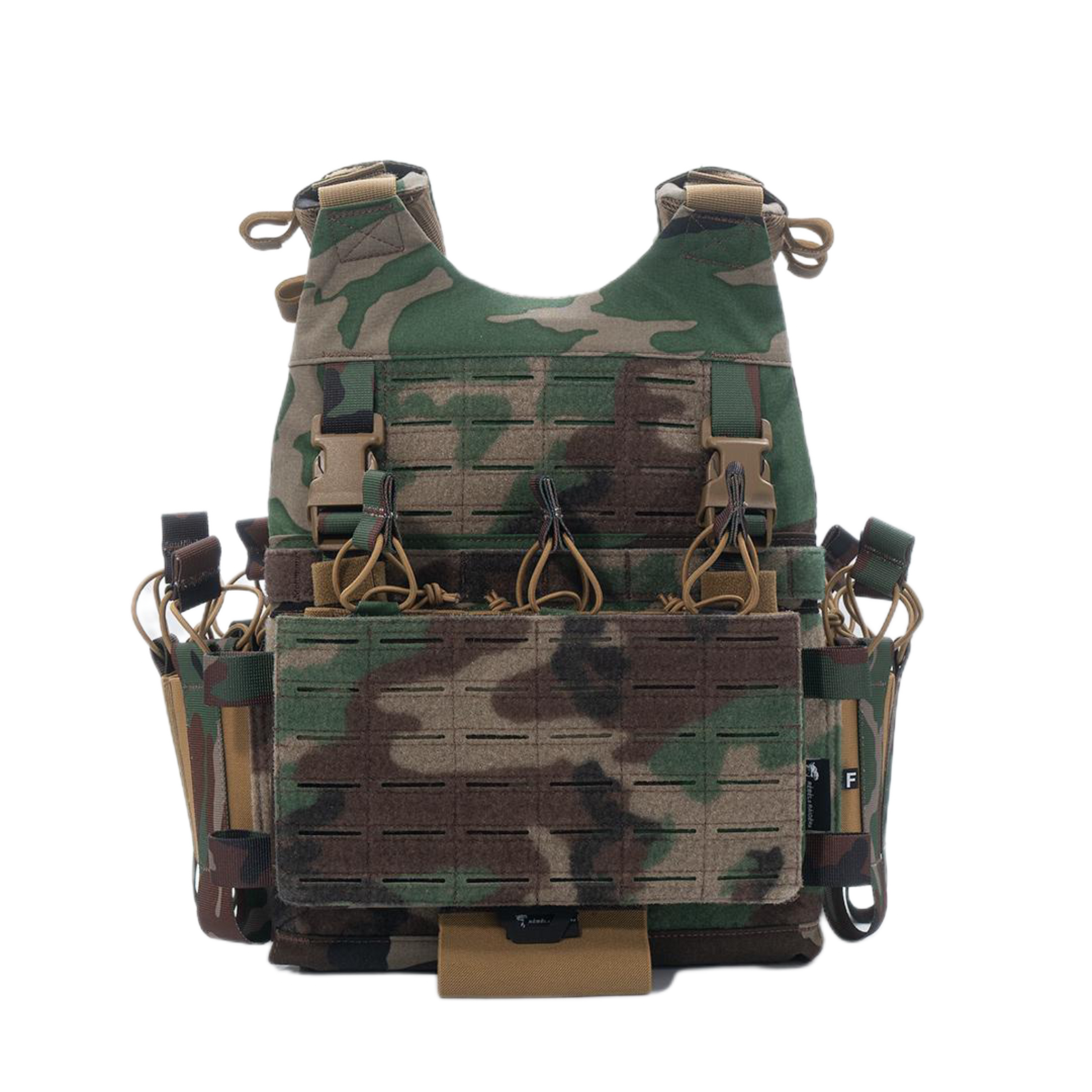 Camouflage tactical vest with multiple pockets on a white background