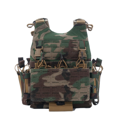 Camouflage tactical vest with multiple pockets on a white background