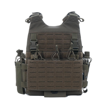 Tactical vest with multiple pouches and straps on a white background