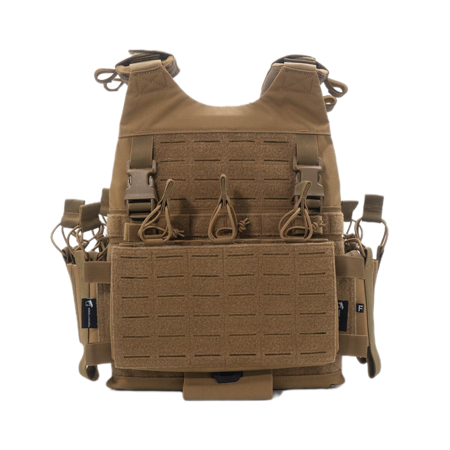 Tan tactical vest with multiple pouches and straps on a white background