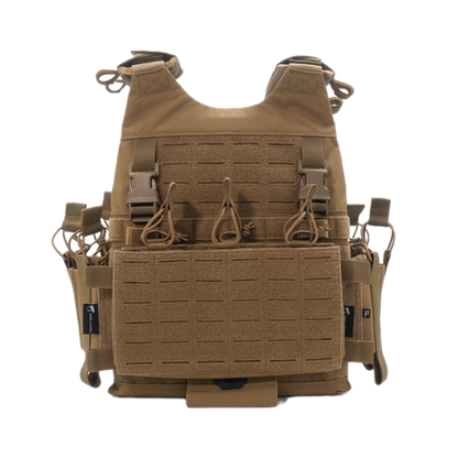 Tan tactical vest with multiple pouches and straps on a white background
